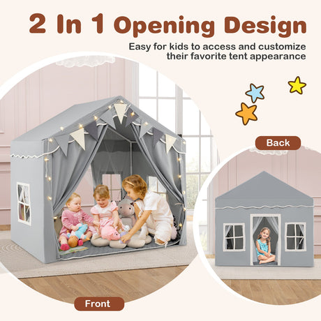 Tienda de juegos grande para 3-4 niños con 2 puertas abatibles y luces de estrella - Gris