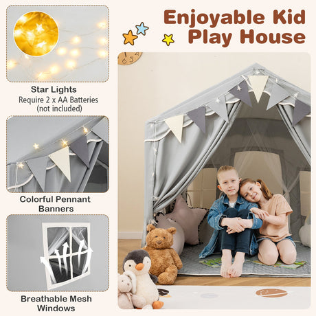 Tienda de juegos grande para 3-4 niños con 2 puertas abatibles y luces de estrella - Gris