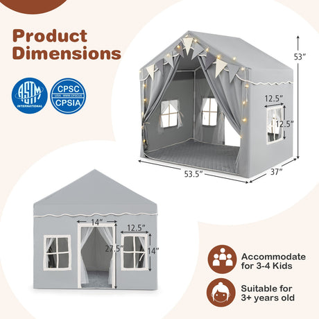 Tienda de juegos grande para 3-4 niños con 2 puertas abatibles y luces de estrella - Gris