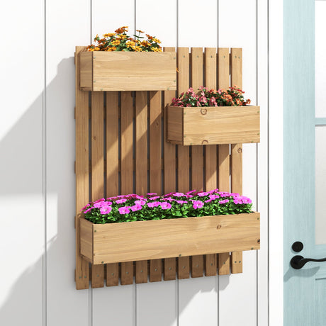 Huerto elevado de madera de 3 niveles con celosías y forros de tela - Natural