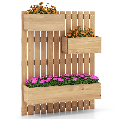 Huerto elevado de madera de 3 niveles con celosías y forros de tela - Natural
