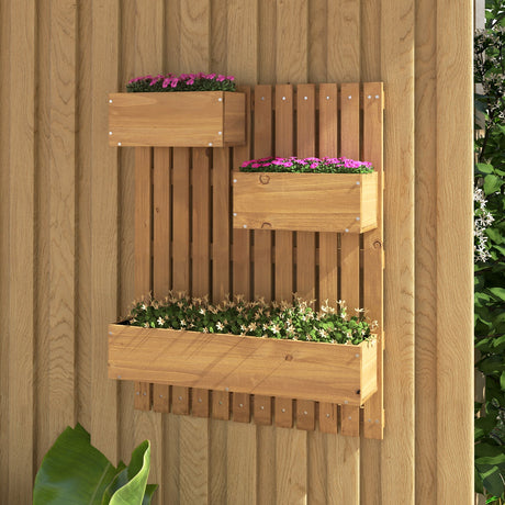 Huerto elevado de madera de 3 niveles con celosías y forros de tela - Natural