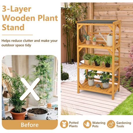 Soporte de madera de 3 niveles para plantas con techo asfáltico resistente a la intemperie para patio - Natural