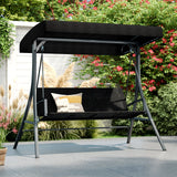3-Person Porch Swing with Stand Outdoor Canopy Swing with Rattan Seat Back-Black