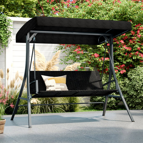 Columpio de Porche para 3 Personas con Soporte, Columpio de Exterior con Toldo y Respaldo de Ratán - Negro