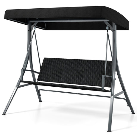 Columpio de Porche para 3 Personas con Soporte, Columpio de Exterior con Toldo y Respaldo de Ratán - Negro
