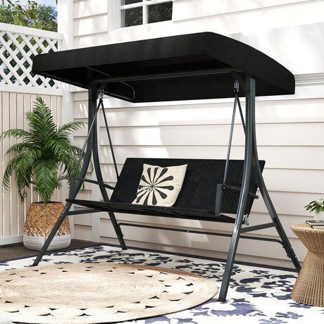 Columpio de Porche para 3 Personas con Soporte, Columpio de Exterior con Toldo y Respaldo de Ratán - Negro