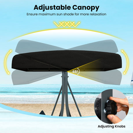 Columpio de Porche para 3 Personas con Soporte, Columpio de Exterior con Toldo y Respaldo de Ratán - Negro