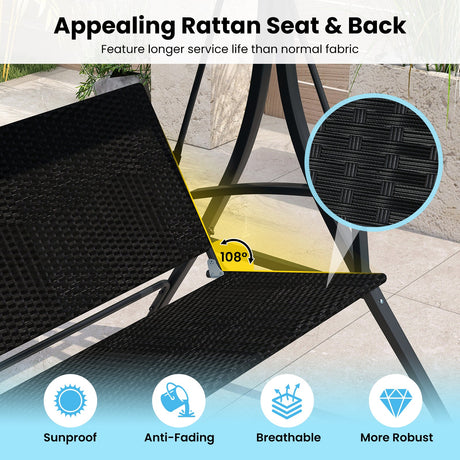 Columpio de Porche para 3 Personas con Soporte, Columpio de Exterior con Toldo y Respaldo de Ratán - Negro