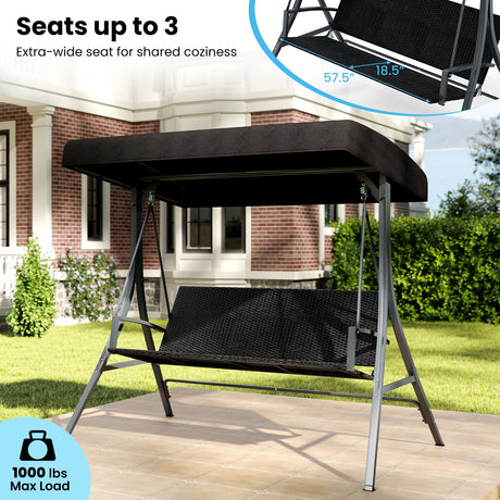 Columpio de Porche para 3 Personas con Soporte, Columpio de Exterior con Toldo y Respaldo de Ratán - Negro