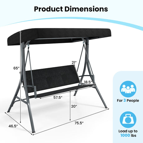 Columpio de Porche para 3 Personas con Soporte, Columpio de Exterior con Toldo y Respaldo de Ratán - Negro