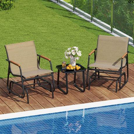 Juego de bistró deslizante de 3 piezas para exteriores con mesa de vidrio templado y estructura de metal - Café