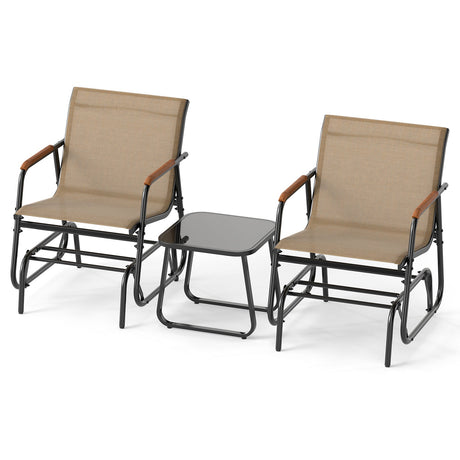 Juego de bistró deslizante de 3 piezas para exteriores con mesa de vidrio templado y estructura de metal - Café