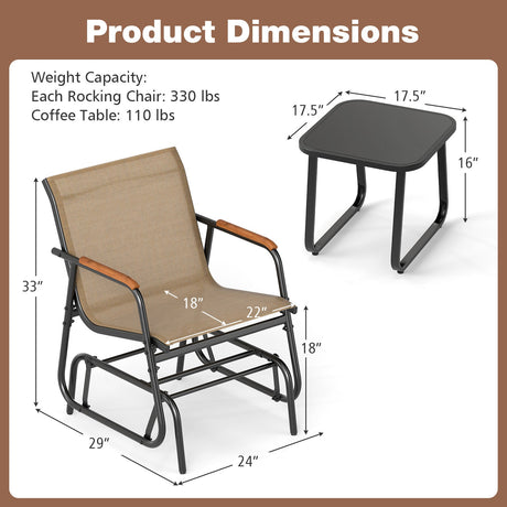 Juego de bistró deslizante de 3 piezas para exteriores con mesa de vidrio templado y estructura de metal - Café
