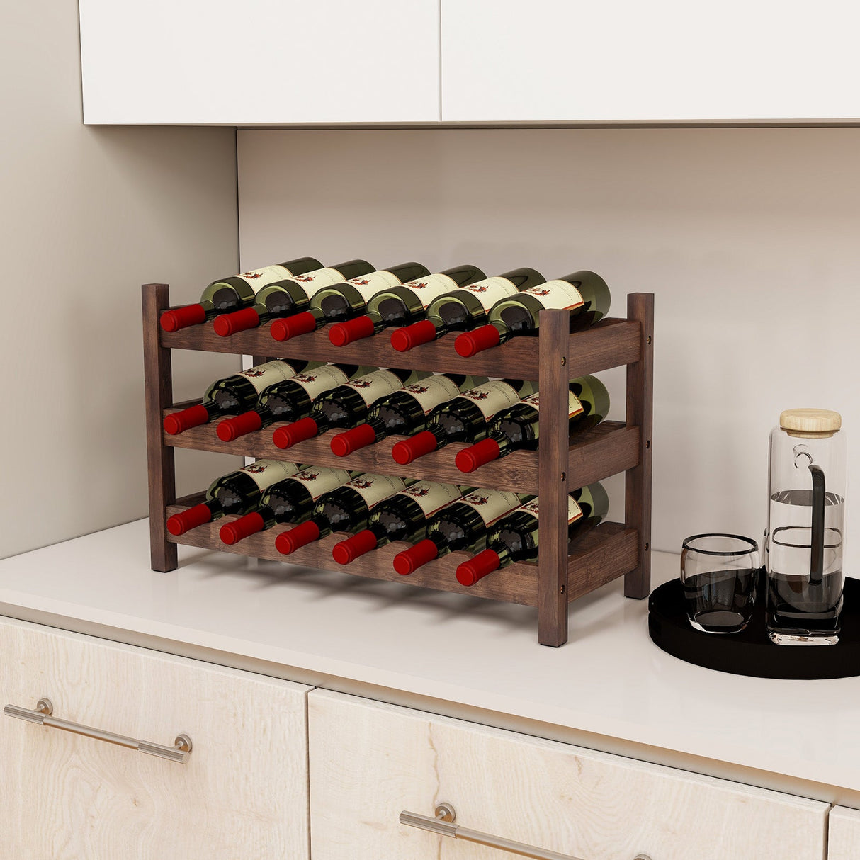 Organizador de botellas de vino de mostrador de bambú de 3 niveles con soporte independiente