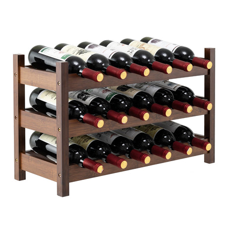Organizador de botellas de vino de mostrador de bambú de 3 niveles con soporte independiente
