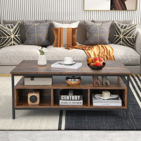 Mesa de centro de 3 niveles de estilo industrial con almacenamiento y estructura metálica de alta resistencia - Café