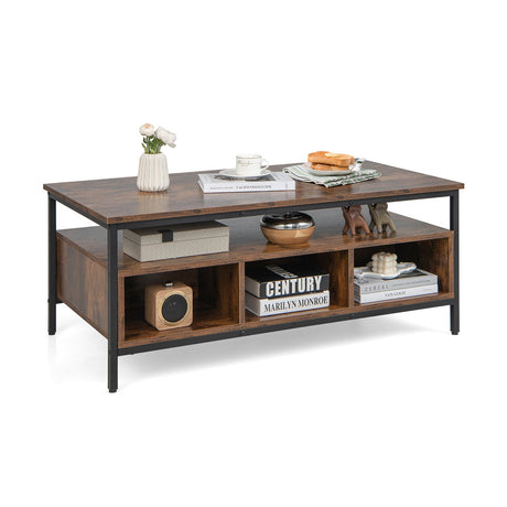 Mesa de centro de 3 niveles de estilo industrial con almacenamiento y estructura metálica de alta resistencia - Café