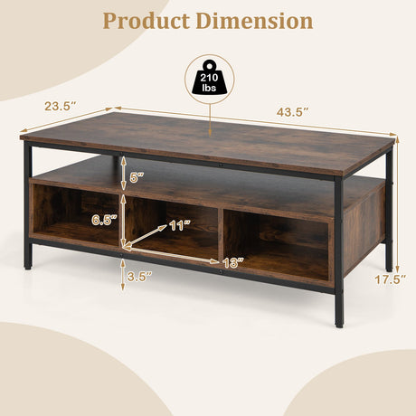 Mesa de centro de 3 niveles de estilo industrial con almacenamiento y estructura metálica de alta resistencia - Café