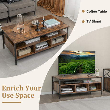 Mesa de centro de 3 niveles de estilo industrial con almacenamiento y estructura metálica de alta resistencia - Café