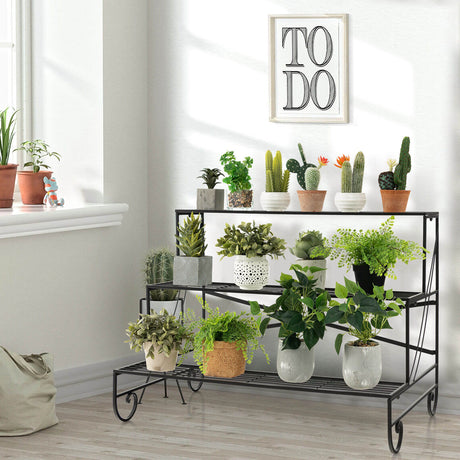 Estantería Metálica de 3 Niveles para Plantas con Estante de Rejilla
