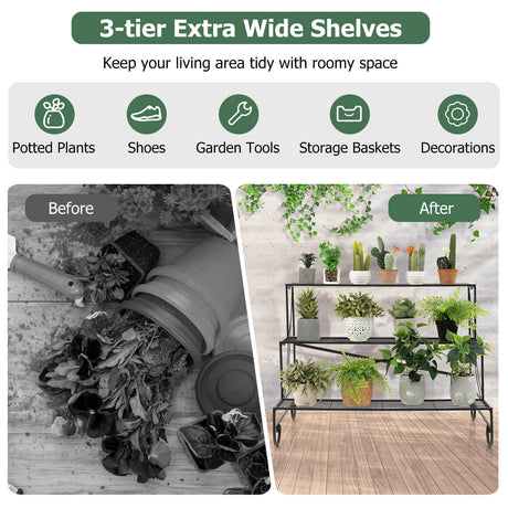 Estantería Metálica de 3 Niveles para Plantas con Estante de Rejilla
