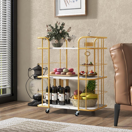 Carrito de servicio de cocina metálico de 3 niveles con superficie de mármol y asas - Dorado