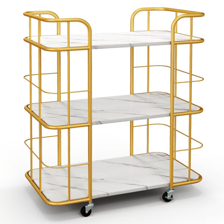 Carrito de servicio de cocina metálico de 3 niveles con superficie de mármol y asas - Dorado