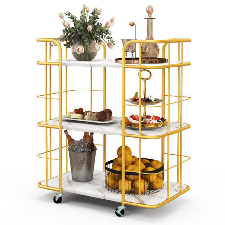 Carrito de servicio de cocina metálico de 3 niveles con superficie de mármol y asas - Dorado
