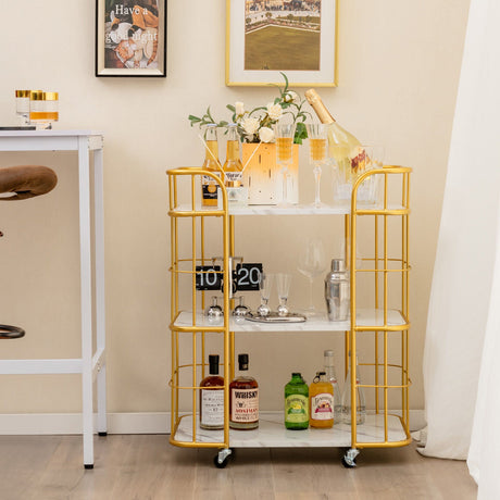 Carrito de servicio de cocina metálico de 3 niveles con superficie de mármol y asas - Dorado