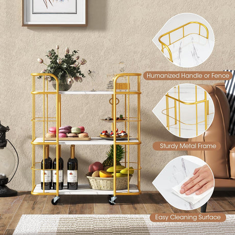 Carrito de servicio de cocina metálico de 3 niveles con superficie de mármol y asas - Dorado