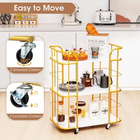 Carrito de servicio de cocina metálico de 3 niveles con superficie de mármol y asas - Dorado