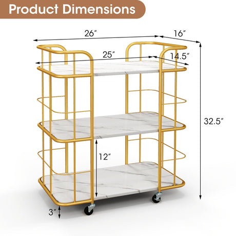 Carrito de servicio de cocina metálico de 3 niveles con superficie de mármol y asas - Dorado