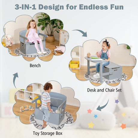 Banco de almacenamiento convertible 3 en 1 para niños, mesa de actividades de madera y juego de sillas