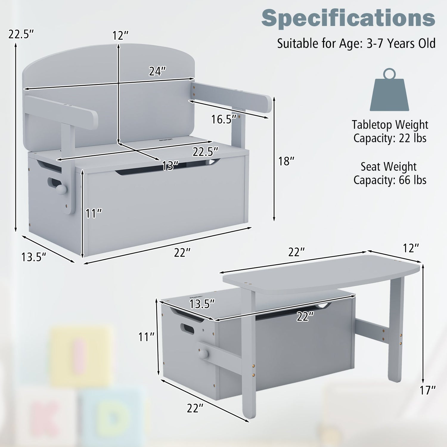 3-in-1 Kids Convertible Storage Bench Wood Activity Table and Chair Set
