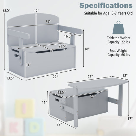 Banco de almacenamiento convertible 3 en 1 para niños, mesa de actividades de madera y juego de sillas