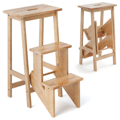 Taburete plegable de 3 escalones de madera de caucho 3 en 1 con estante de almacenamiento - Café