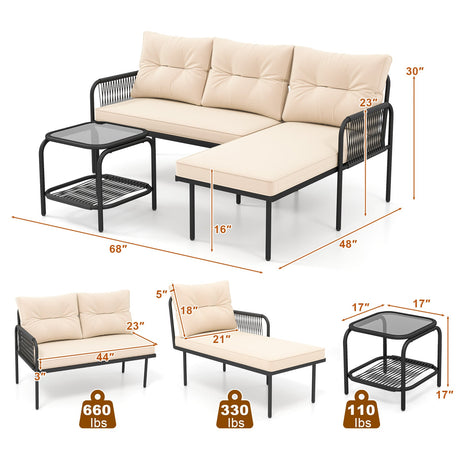 Juego de muebles de patio en forma de L de 3 piezas con sofás seccionales de ratán PE - Beige