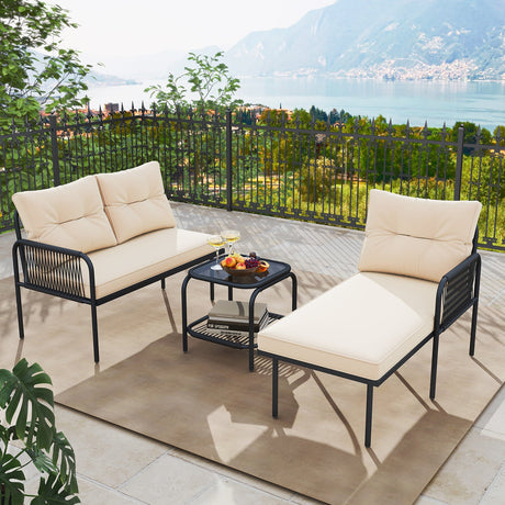 Juego de muebles de patio en forma de L de 3 piezas con sofás seccionales de ratán PE - Beige