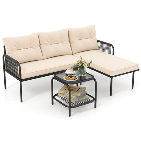 Juego de muebles de patio en forma de L de 3 piezas con sofás seccionales de ratán PE - Beige