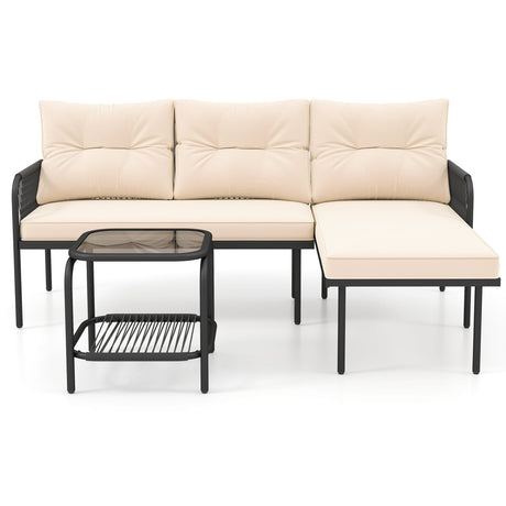 Juego de muebles de patio en forma de L de 3 piezas con sofás seccionales de ratán PE - Beige