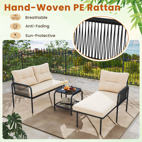 Juego de muebles de patio en forma de L de 3 piezas con sofás seccionales de ratán PE - Beige