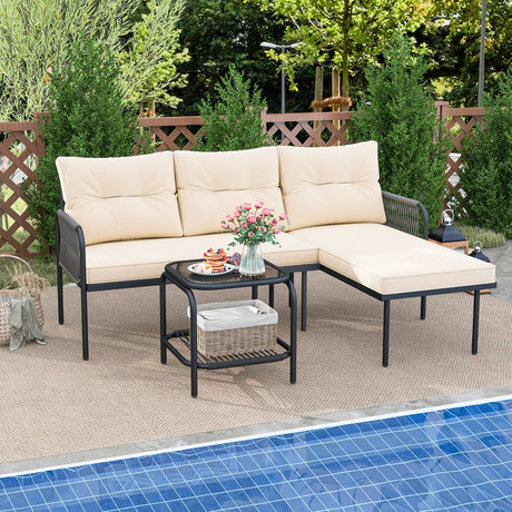 Juego de muebles de patio en forma de L de 3 piezas con sofás seccionales de ratán PE - Beige