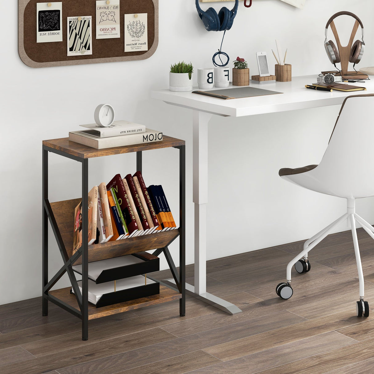 Mesa auxiliar industrial de 3 niveles con estantería en forma de V para sala de estar - Marrón rústico