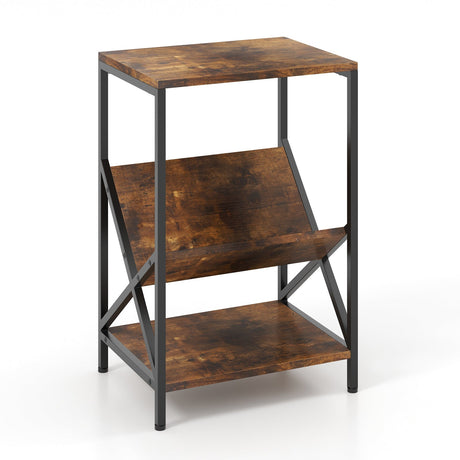 Mesa auxiliar industrial de 3 niveles con estantería en forma de V para sala de estar - Marrón rústico