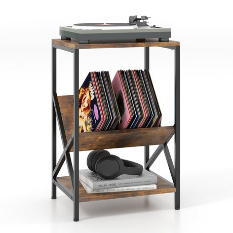 Mesa auxiliar industrial de 3 niveles con estantería en forma de V para sala de estar - Marrón rústico