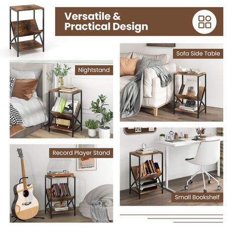 Mesa auxiliar industrial de 3 niveles con estantería en forma de V para sala de estar - Marrón rústico