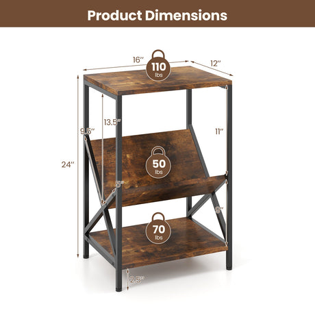 Mesa auxiliar industrial de 3 niveles con estantería en forma de V para sala de estar - Marrón rústico
