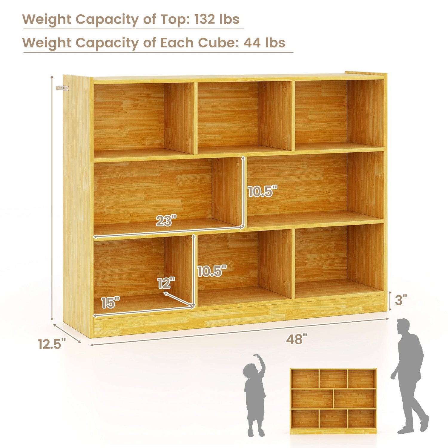 3-Tier Open Bookcase 8-Cube Floor Standing Storage Shelves