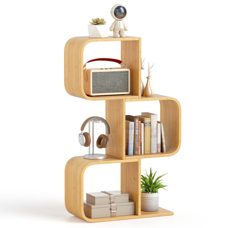 Librería de 3 niveles en forma de S con 3 cubos abiertos para sala de estar - Natural